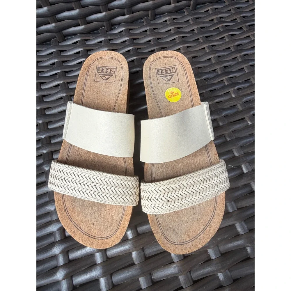 Reef Cushion Vista Hi Platform Sandals Vintage White Braid Slides Womens 7 Beach